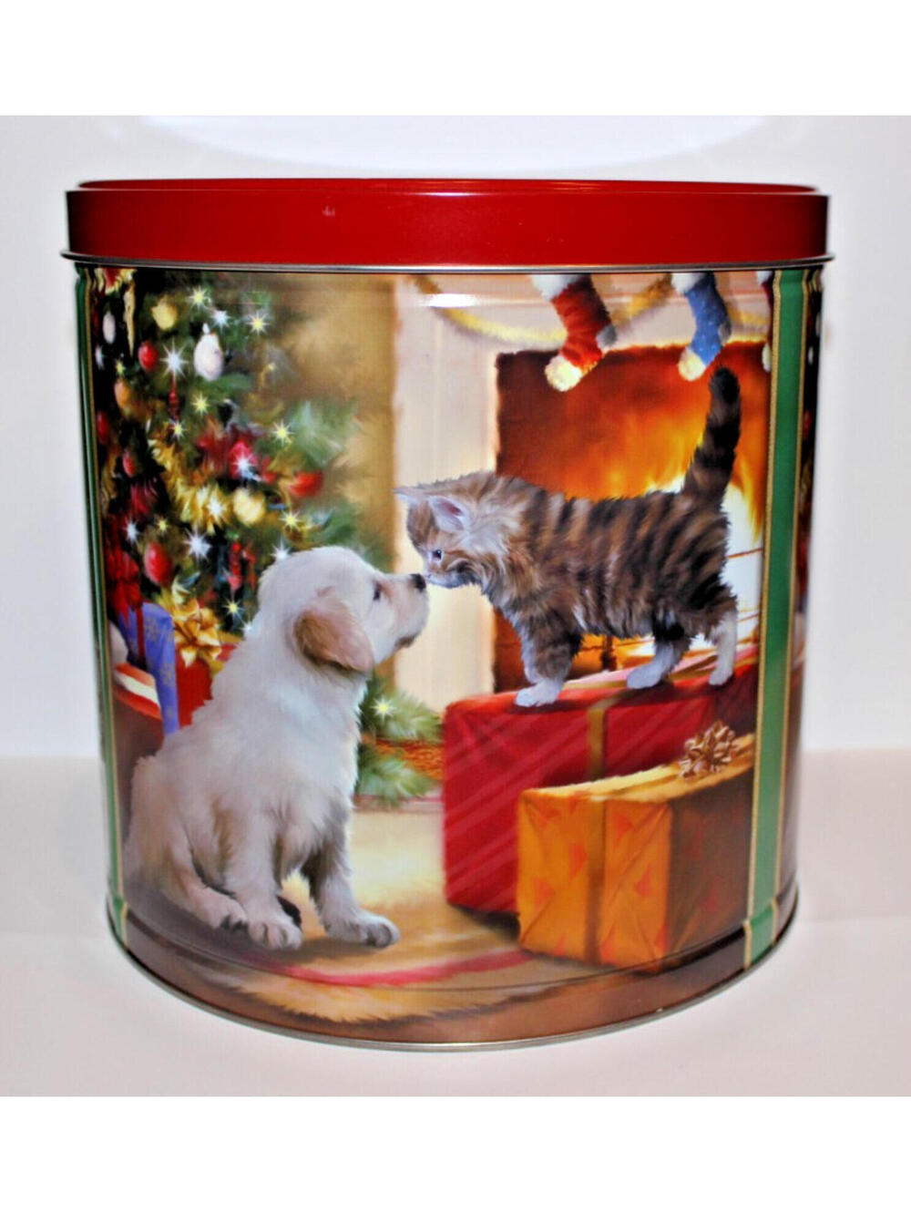 Christmas Popcorn Tin with Red Lid 9" Tall x  9" Wide Empty Clean Puppy Kitten